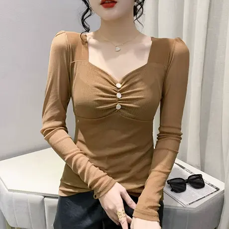 性感网纱小衫女长袖2024春秋新款气质V领T恤心机露锁骨紧身上衣潮图片