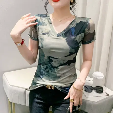 欧货晕染印花T恤女短袖性感网纱V领小衫洋气修身上衣夏季显瘦体恤商品大图