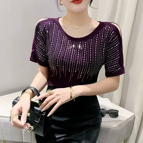 时尚重工烫钻短袖T恤女夏装新款设计感小众上衣性感露肩心机小衫图片