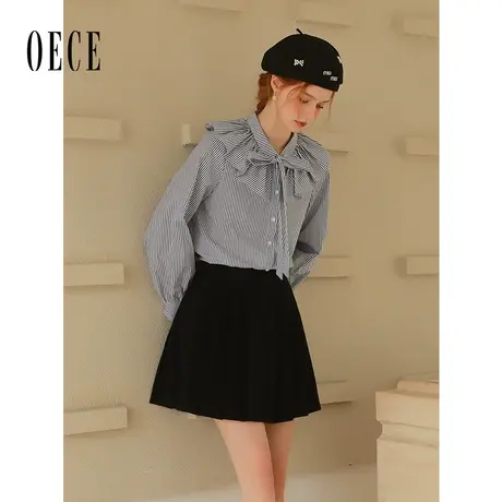 Oece设计感小众条纹衬衫女2024春季新款女装复古气质上衣减龄衬衣图片