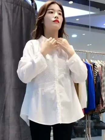 polo领拼接长袖衬衫女2023年秋季新款设计感小衫小众别致百搭衬衣图片