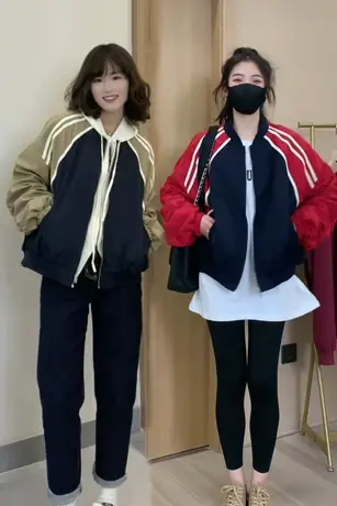 红色运动外套女春秋款2023欧货撞色棒球服设计感风衣拼接短款夹克商品大图