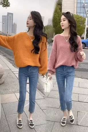 春秋款圆领套头休闲宽松薄款单穿软糯风柔软舒适针织毛衣女上衣商品大图