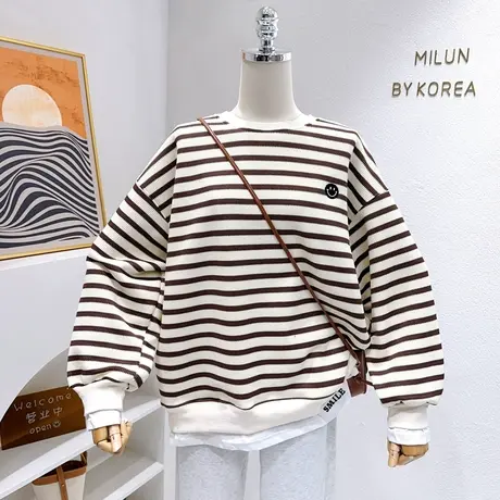 微胖遮肉~韩代款ins简约笑脸假两件加绒条纹卫衣秋冬上衣宽松大码商品大图