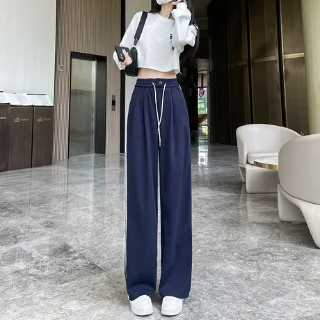 蓝色阔腿运动裤女春秋2024年新款高腰直筒宽松显瘦休闲条纹拖地裤商品大图