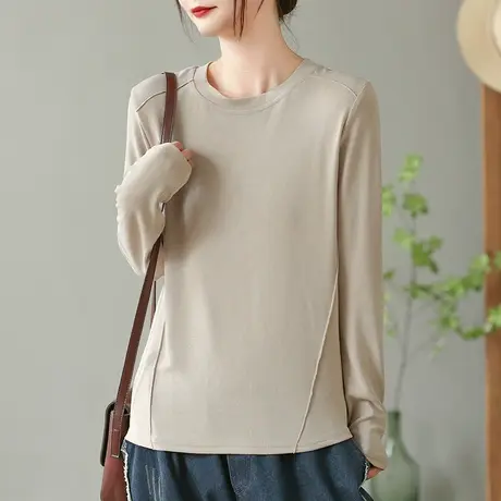 dza 复古纯棉宽松长袖t恤女春秋新款洋气内搭打底衫休闲圆领上衣商品大图