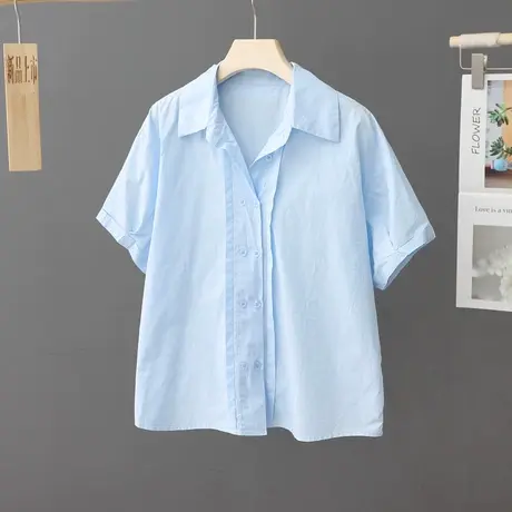 简约纯色短袖衬衫女2024年夏季新款宽松纯棉百搭显瘦衬衣薄款上衣商品大图