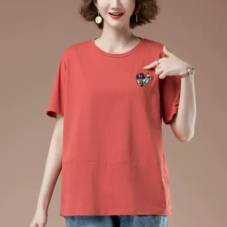 短袖t恤女夏季新款加肥加大码女装宽松纯棉休闲百搭刺绣半袖体恤商品大图