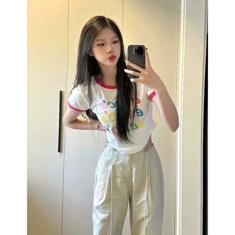 短款短袖T恤女美式甜辣妹彩色字母印花显瘦修身圆领露脐上衣商品大图