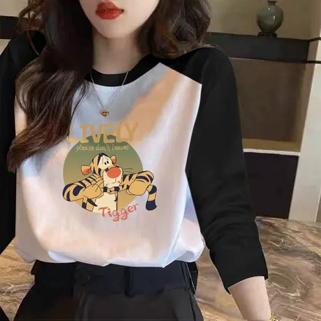 2022初秋季新款网红爆款老虎长袖t恤女打底衫别致小衫拼接上衣潮图片
