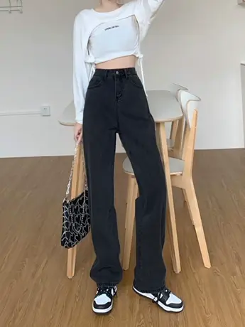 清仓捡漏阔腿高腰牛仔裤女2023夏新款宽松显瘦韩版直筒拖地长裤图片