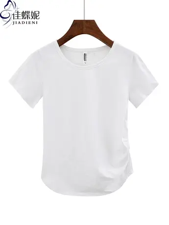夏季新款韩版圆领宽松休闲纯色纯棉褶皱短袖上衣内搭女打底衫T恤商品大图
