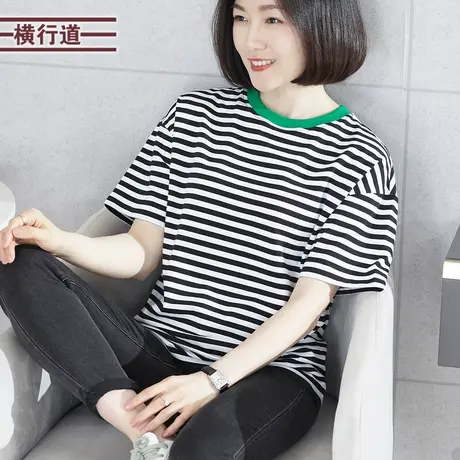 圆领撞色条纹宽松短袖T恤女2025新款夏装海军风大码休闲上衣外穿商品大图