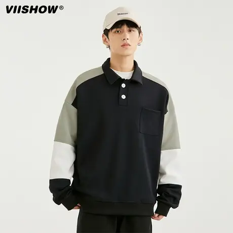 VIISHOW美式polo衫男长袖痞帅高级复古大码潮流拼色翻领男生卫衣商品大图