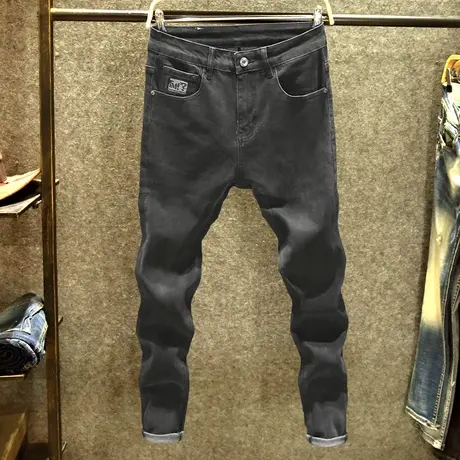 黑色牛仔裤男潮牌休闲百搭修身弹力长裤2023春季水洗印花小脚裤子商品大图