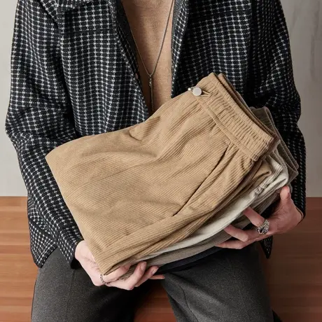 美式卡其条灯芯绒裤子秋冬直筒工装阔腿宽松男士保暖休闲裤长裤潮商品大图