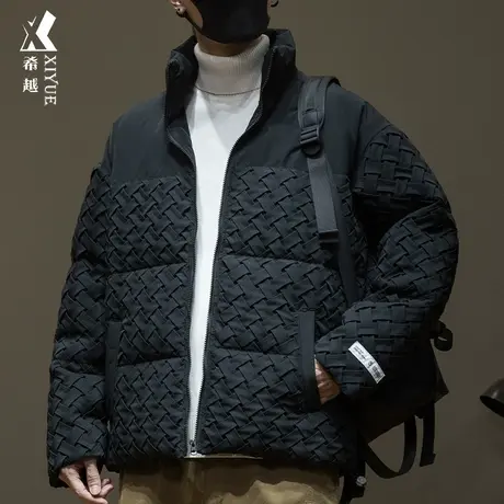 希越新国标90%白鸭绒男士无帽立领羽绒服冬季拼接设计感棉衣外套图片