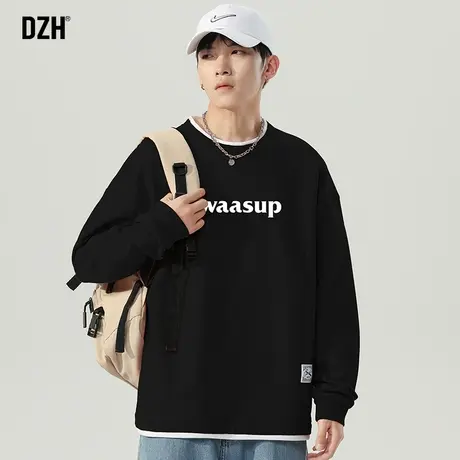 男士黑色假两件卫衣男春秋款潮牌圆领宽松t恤长袖内搭打底衫秋衣商品大图