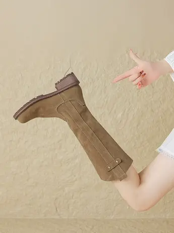 西部牛仔靴女堆堆靴2023春秋高筒中跟长靴骑士靴棕色不过膝长筒靴商品大图