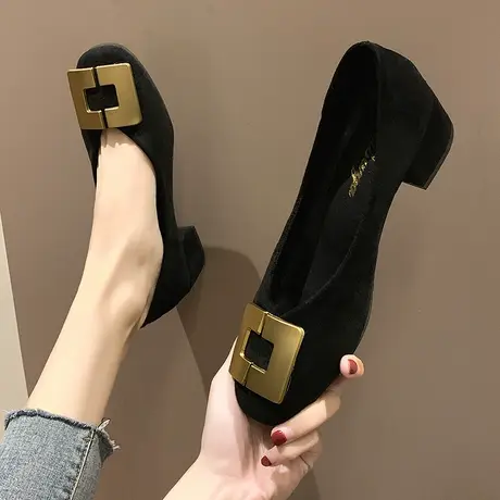 网红单鞋女2024新款春季百搭方头浅口粗跟瓢鞋中跟一脚蹬奶奶女鞋商品大图