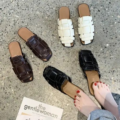 凉拖鞋女夏外穿2024年新款复古编织平底女士穆勒鞋网红包头半拖鞋图片