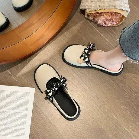 平底无后跟懒人凉拖鞋2024外穿时尚网红蝴蝶结圆头复古包头半拖鞋商品大图