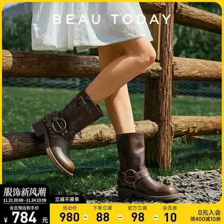 【清仓款】BeauToday美拉德复古骑士靴西部牛仔靴女真皮马丁靴女商品大图