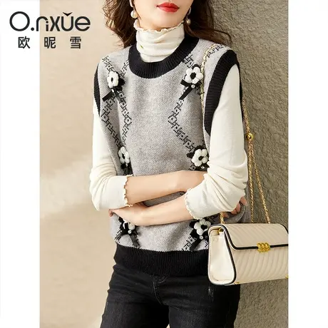 欧昵雪2023冬季新款时尚圆领花卉减龄毛衣马甲女直筒休闲百搭背心商品大图