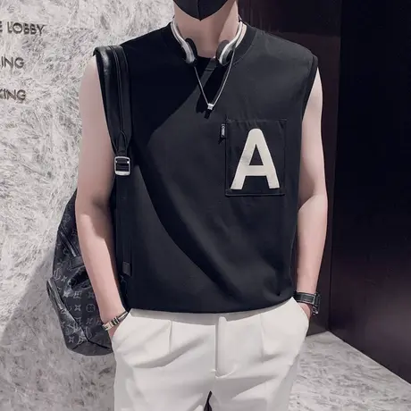 夏季男士潮流百搭篮球服闲宽松潮牌个性背心无袖运动坎肩时尚体恤商品大图