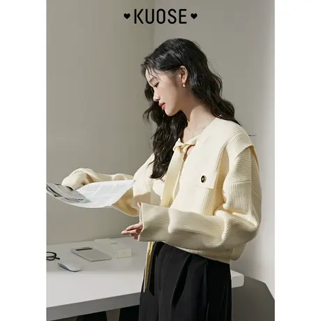 阔色小香风假两件外穿厚毛衣女2023秋冬新款v领针织衫短上衣商品大图