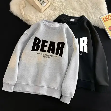 美式复古圆领卫衣男春秋季新款套头内搭宽松ins潮流青少年打底衫商品大图