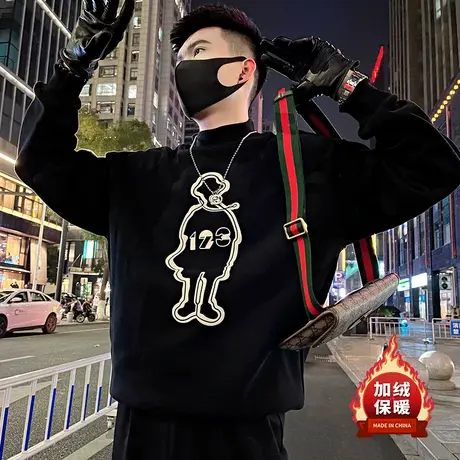 潮牌加绒卫衣男冬季2023新款潮流痞帅设计感个性宽松加厚打底上衣图片