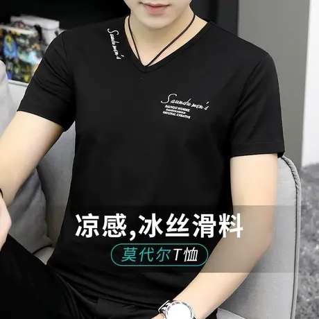 莫代尔棉男士短袖t恤V领夏季黑色上衣服潮牌潮流印花冰丝冰感半袖商品大图