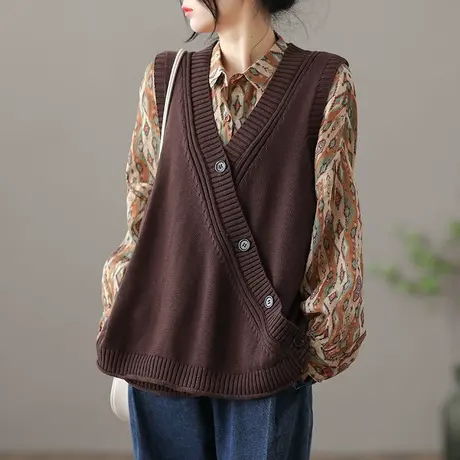 dza 文艺复古针织马甲女士短款春秋外套女装新款百搭马夹休闲背心图片