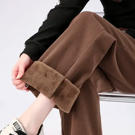 美拉德棕加绒阔腿牛仔裤女冬季加厚裤子秋冬女裤高腰烟筒裤直筒裤商品大图