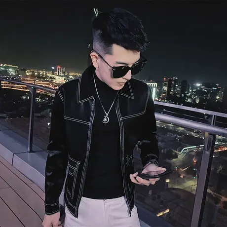 秋季男士时尚休闲机车皮衣网红潮牌社会小伙快手百搭帅气les外套商品大图