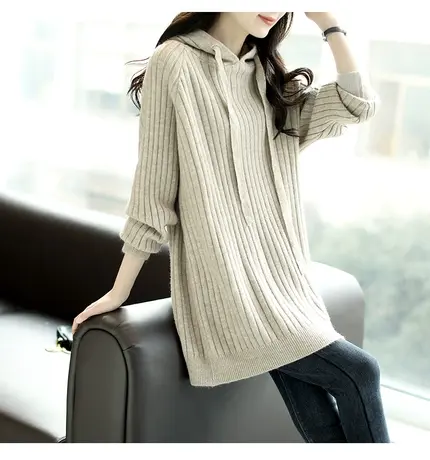 宝诗黎中长款连帽条纹新款针织卫衣女装2023春季亮丝上衣宽松休闲商品大图