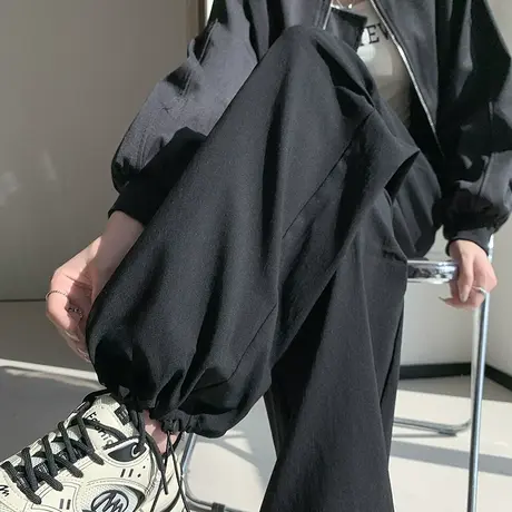 美式黑色速干工装裤女2024春秋新款高腰显瘦垂感休闲百搭运动裤子图片