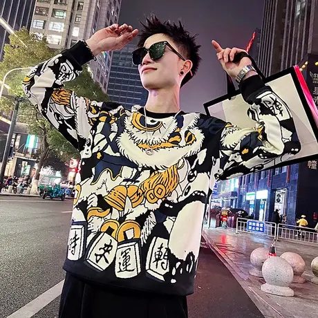 春季设计感满印国潮卫衣男ins潮牌长袖上衣花色重磅个性打底t恤衫商品大图