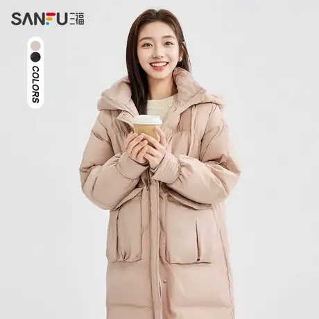 三福棉衣2023冬季保暖立领宽松长款连帽外套棉服女装482005图片