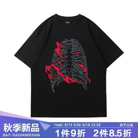 ins男夏季新款暗黑系骷髅祈祷印花原宿风学生宽松打底衫情侣装T恤商品大图