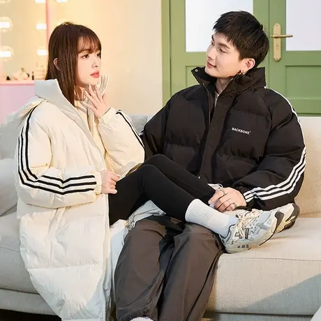 唐狮2024秋冬季新款情侣棉衣男士袖子织带撞色拼接长款外套女2.06图片