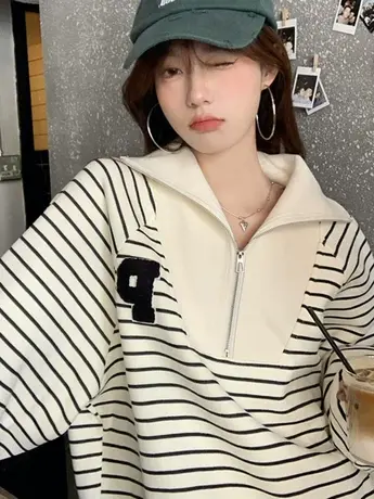 条纹奶甜艺术生卫衣女春秋薄款落肩高级感小个子翻领oversize上衣商品大图