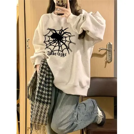 美式复古设计感小众蜘蛛卫衣女2024新款春秋季薄款宽松上衣服潮牌图片