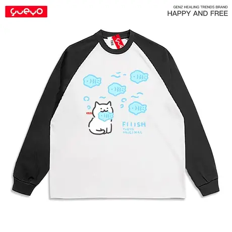 悦游 吃鱼猫 猫咪小鱼拼色长袖T恤男透气休闲插肩纯棉宽松图片
