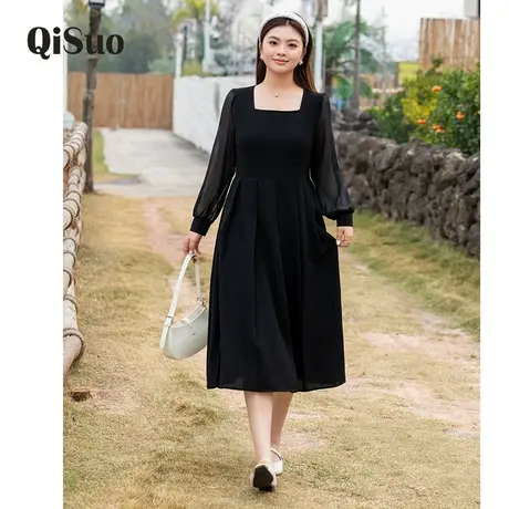 2024年秋装新款方领大码显瘦胖MM百褶连衣裙长袖法式气质黑色长裙图片