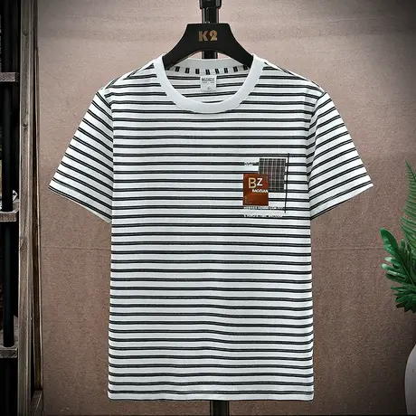 短袖条纹T恤男士纯棉男生半袖圆领体恤2023年夏季新款潮流上衣服商品大图