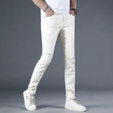 春夏季高端美式米白色牛仔裤男修身弹力百搭小脚休闲男士裤子长裤商品大图