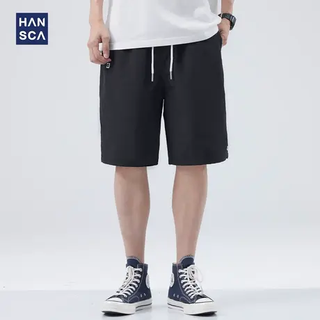 hansca运动短裤男宽松直筒夏季新款简约纯色美式休闲黑色五分裤子商品大图