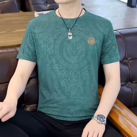 2024新款高档男士冰丝短袖t恤欧美风烫钻半袖体恤衫潮流圆领男装图片